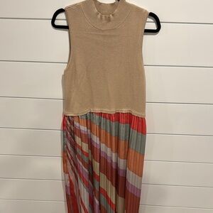 Sleeveless Tan and Multicolor Striped Dress